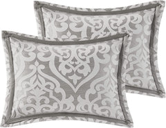 Tesla Cozy Comforter Set Jacquard Damask Medallion Design - All Season down Alternative Bedding, Shams, Bedskirt, Decorative Pillows, Queen, Silver 6 Piece bedroom