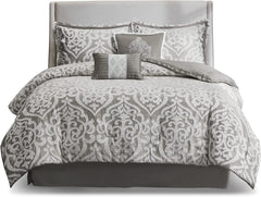 Tesla Cozy Comforter Set Jacquard Damask Medallion Design - All Season down Alternative Bedding, Shams, Bedskirt, Decorative Pillows, Queen, Silver 6 Piece bedroom