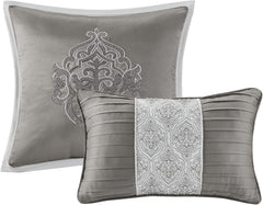 Tesla Cozy Comforter Set Jacquard Damask Medallion Design - All Season down Alternative Bedding, Shams, Bedskirt, Decorative Pillows, Queen, Silver 6 Piece bedroom