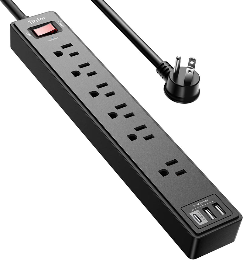 6 Ft Power Strip Surge Protector -  Extension Cord with 6 AC Outlets and 3 USB Ports for Home, Office, Dorm Essentials, 1680 Joules, ETL Listed, Black