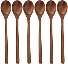 Wooden Spoons, 6 Pieces 9 Inch Wood Soup Spoons for Eating Mixing Stirring, Long Handle Spoon with Japanese Style Kitchen Utensil,  Eco Friendly Table Spoon