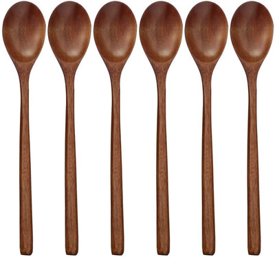 Wooden Spoons, 6 Pieces 9 Inch Wood Soup Spoons for Eating Mixing Stirring, Long Handle Spoon with Japanese Style Kitchen Utensil,  Eco Friendly Table Spoon