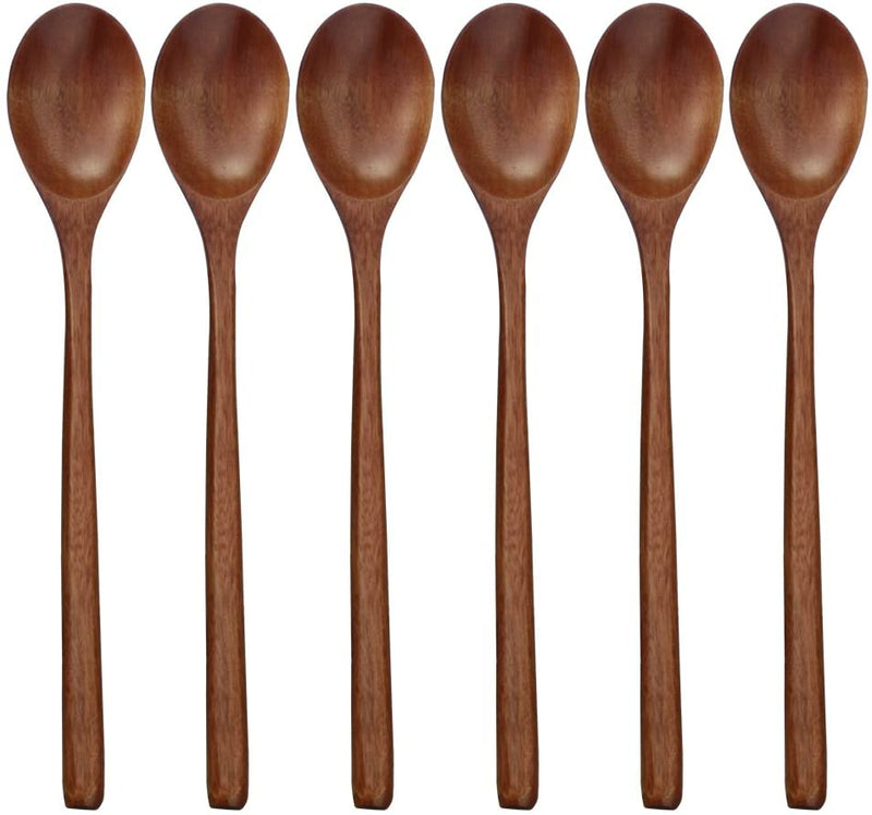 Wooden Spoons, 6 Pieces 9 Inch Wood Soup Spoons for Eating Mixing Stirring, Long Handle Spoon with Japanese Style Kitchen Utensil,  Eco Friendly Table Spoon