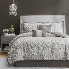 Tesla Cozy Comforter Set Jacquard Damask Medallion Design - All Season down Alternative Bedding, Shams, Bedskirt, Decorative Pillows, Queen, Silver 6 Piece bedroom