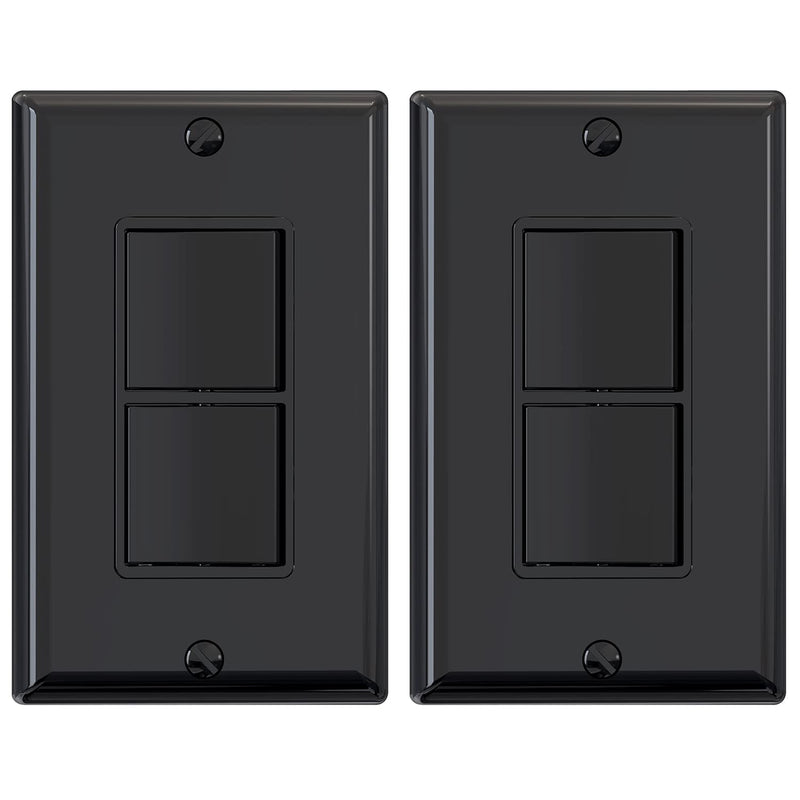 Decorator Double Rocker Light Switch, Two Single Pole Electrical Paddle Switch, 15A, 125V, In-Wall On/Off Switch, Self-Grounding, Wall Plate Is Included, UL Listed (2 Pack, Glossy Black)