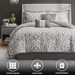 Tesla Cozy Comforter Set Jacquard Damask Medallion Design - All Season down Alternative Bedding, Shams, Bedskirt, Decorative Pillows, Queen, Silver 6 Piece bedroom